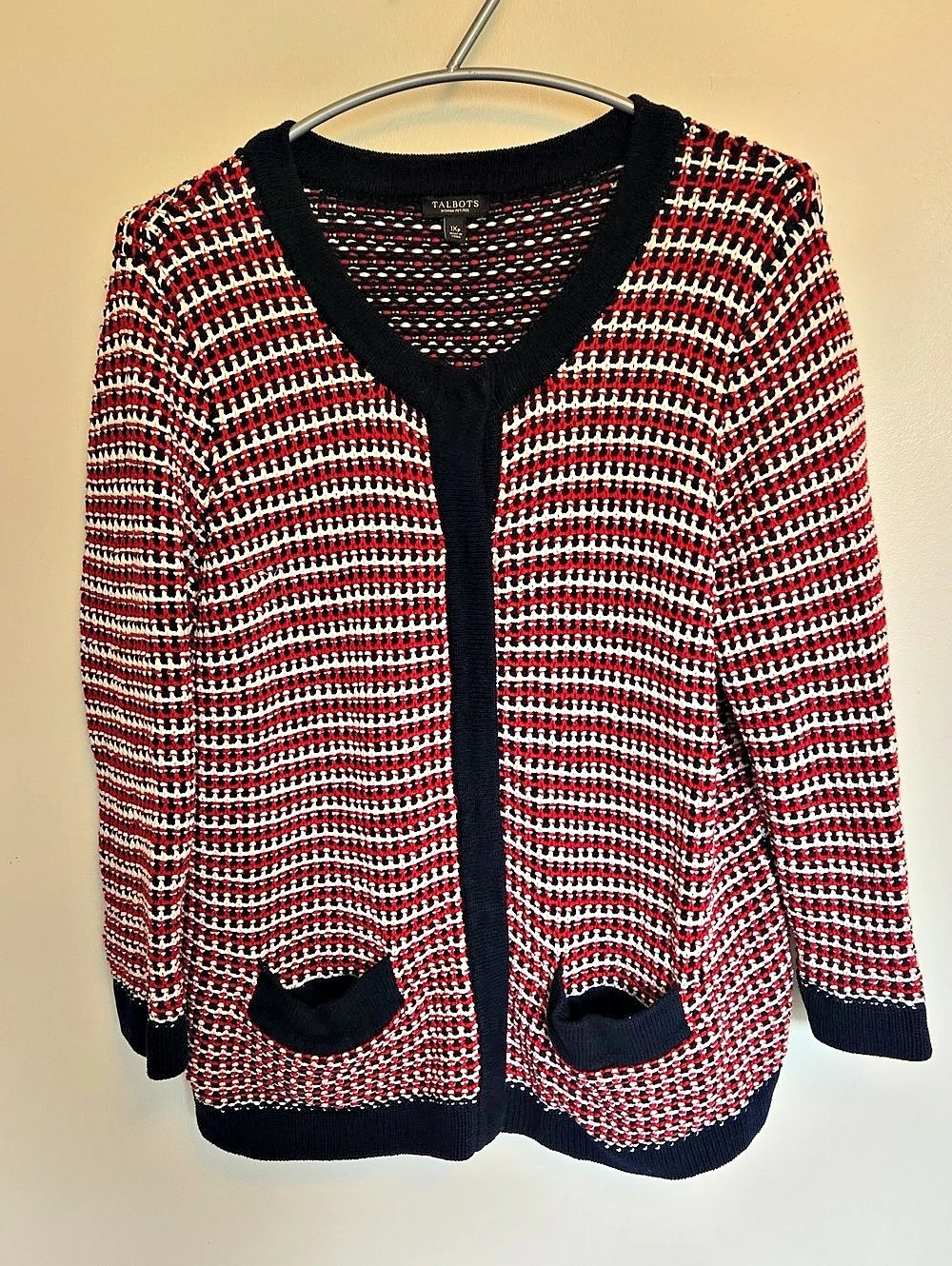 Talbots Waffle Knit Cotton Cardigan Sweater Red White 1X Petite Classic Cozy